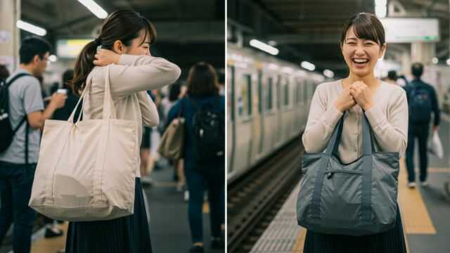 重いバッグで肩がこる女性と、軽いブランド通勤バッグに変えて笑顔になる女性の対比