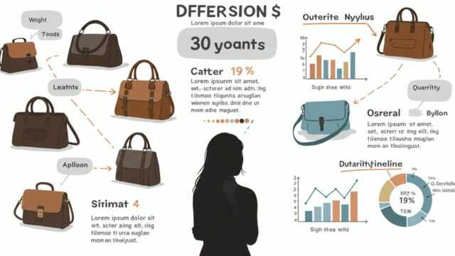 バッグの重さや素材の違いを示すQ&A風のイラストと、悩む30代女性のシルエッ