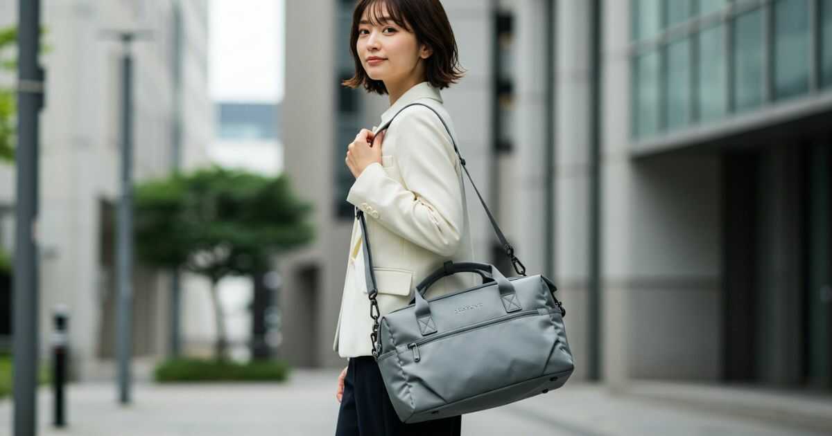 軽いブランド通勤バッグを持って街を歩く30代の日本人女性。洗練された通勤スタイル
