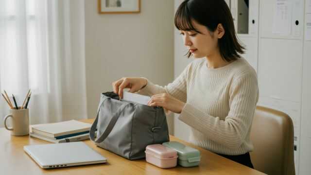 通勤に必要なアイテムを整理してトートバッグに詰める20代日本人女性。快適な通勤を叶える実用的な準備風景。