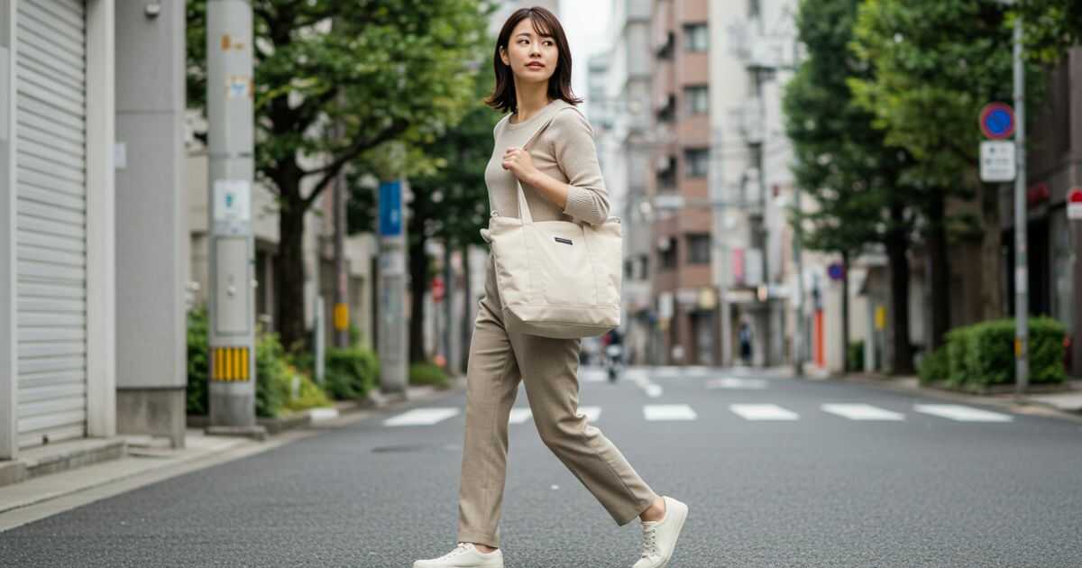 ビジネスカジュアル姿で通勤する20代日本人女性。機能的でおしゃれなトートバッグを持ち、都会の街並みを歩くシーン。