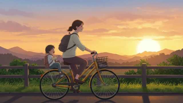 夕暮れ時、自転車で帰宅する日本人ワーママ。子どもを乗せ、理想の通勤リュックを背負って満足げな様子