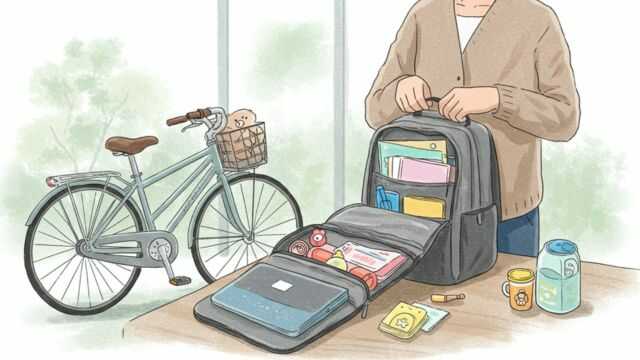 出勤前に保育園グッズと仕事道具をリュックに詰める日本人ワーママ。荷物の多さに困っている様子
