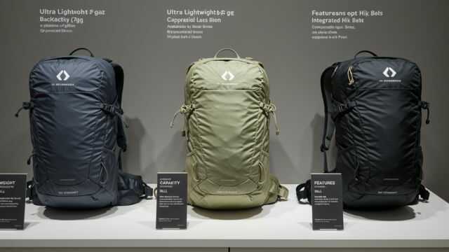 軽量で機能的なリュック3種類の比較展示。重さや容量が分かりやすく表示されている