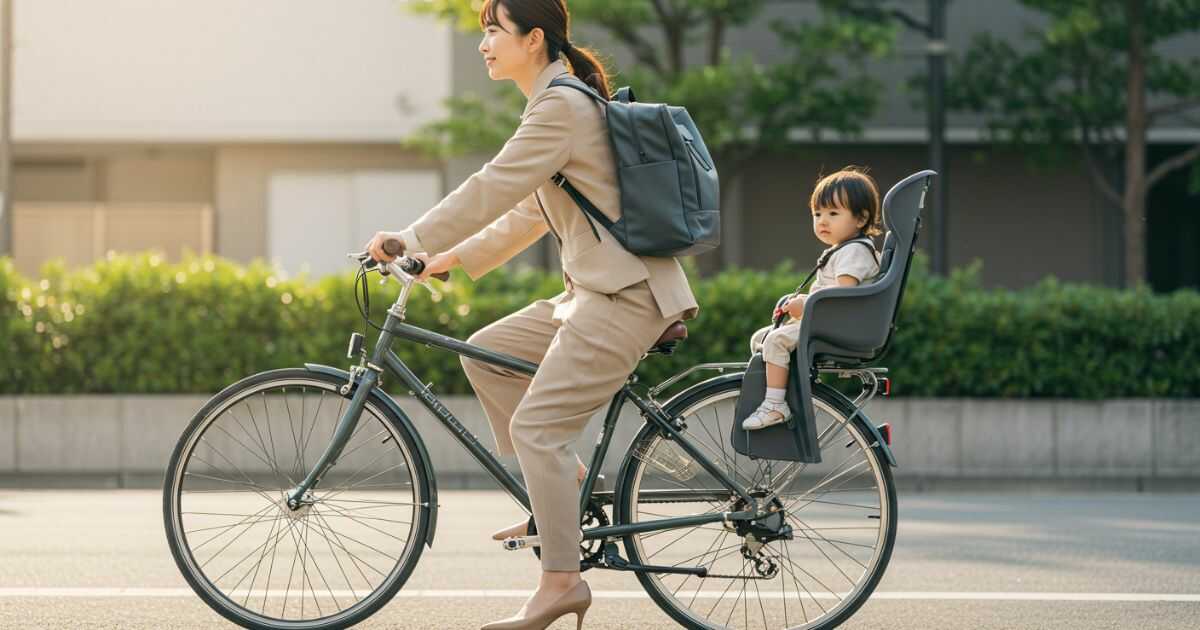 後部に子ども用シートが付いた自転車に乗る日本人ワーママ。大容量リュックを背負い、通勤中の朝のシーン。